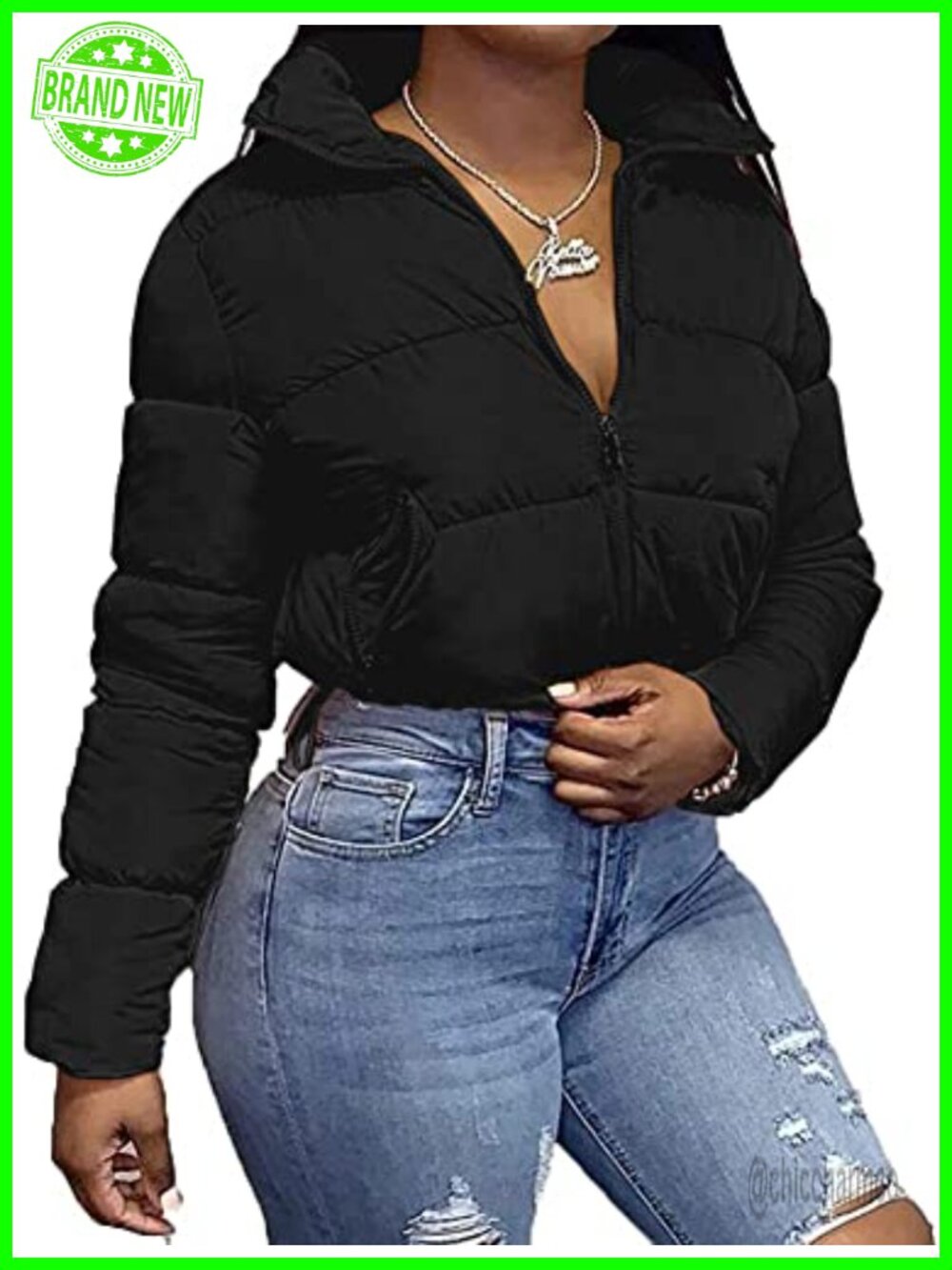 Womens Cropped Quilted Jacket Full Zip Stand Collar Warm Winter Coat